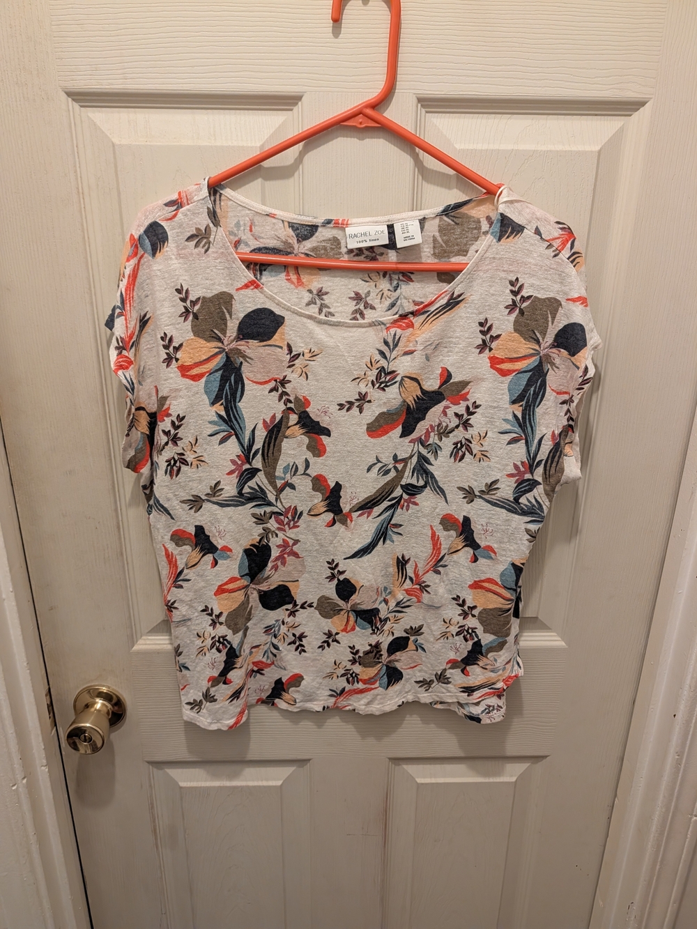 Rachel Zoe 100% Linen Cream Floral Short-Sleeve Scoop Neck Top